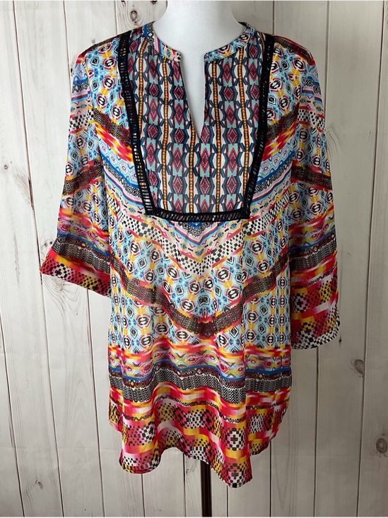 new directions Tops - New Directions Multicolor Split V-Neck Roll Tab Sleeve Sheer Tunic Top Size XL